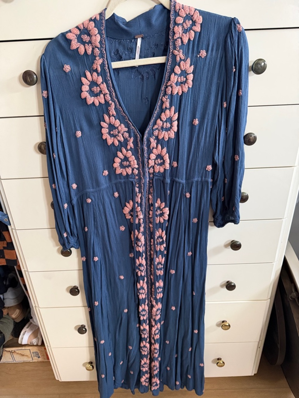Free People Blue Maxi Dress with Pink Floral Embroidery